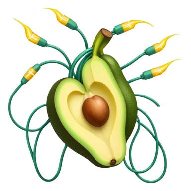 Banana, avocado, potato and leafy greens emitting electrical sparks that flow toward a heart and nervous system. The electrical currents connect the potassium-rich foods to muscles and nerves, highlighting potassium's role as the body's electrical rhythm keeper. sticker