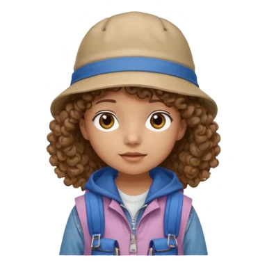 A little girl student curly brown hair, with jean bucket hat, beige jacket, blue backpack sticker