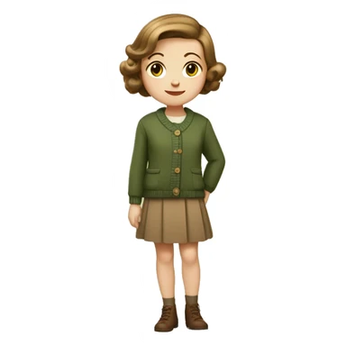 Very young girl with pale skin, straight, warm brown, short hair in a bob style, a brown 1940s dress with an earthy green cardigan sticker