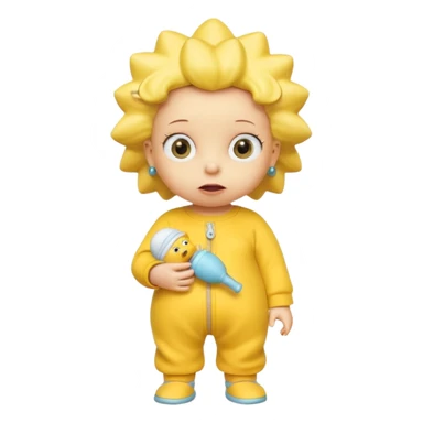 A 3D cartoon baby character yellow, yellow skin, styled like Maggie Simpson, with pacifier, yellow onesie, big eyes, smooth shading, Memoji-style rendering, consistent with other yellow Simpsons characters. sticker