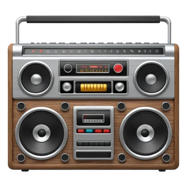 3D render of Boombox, vintage 1980s audio equipment aesthetic, tactile analog buttons, silver chrome body with black speakers, mixed wood grain and brushed aluminum textures, Apple emoji style, isolated on white background --v 6.0 sticker