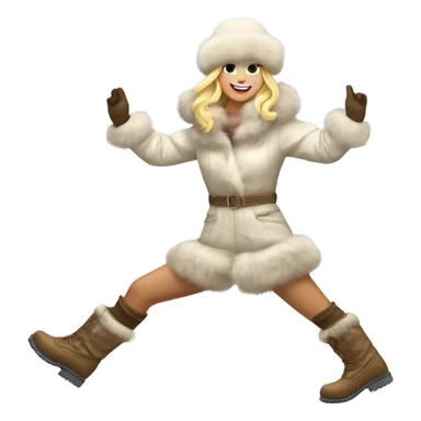 blonde girl in a fur hat dancing in the snow full body fur boots sticker