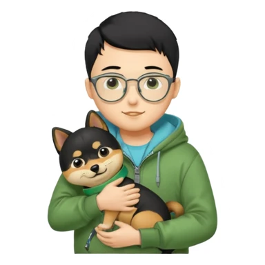 A yellow skin boy, black hair, buzzcut hairstyle, wearing tortoiseshell eyeglasses, green hoodie with zippers, light blue shirt inside, black trousers, black belt, hugging a very cute little black shiba inu sticker