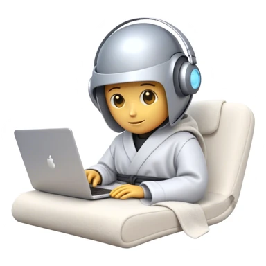 Emoji of a remote-working robot in a cozy smooth bathrobe with a laptop. The robot has a sleek helmet-like head with LED digital eyes. Relaxed yet high-tech vibe. sticker