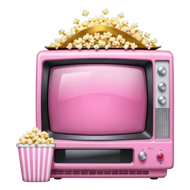 front view of transparent sparkly pink shiny CRT TV sitting on top of pink VCR, with pink/white rhinestone bucket of popcorn sitting next to it sticker