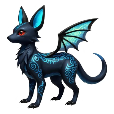 Shiny Fiery Dark Ugly Evil Realistic Glowing Eldritch Horror Cool Edgy Badass Emo Glorious Demonic Batty Dusky Ethereal Sparkly Shimmering Magical Punky Aural Iridescent Fluorescent Bioluminescent Umbreon-Amaura-Salandit-Noibat-Flareon-Fakémon-fusion (full body) with intricate pattern markings sticker