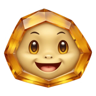 Single gemstone rock character, warm golden citrine, squat and heavy like a rock, with carved facets and tiny surface imperfections, cute round eyes and open smiling mouth, 3D game icon style, plain dark background, no other gems sticker