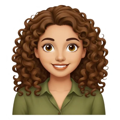 Mujer latina piel canela, cara redonda, cejas definidas, pelo muy largo rizado, peinado hacia atrás con bucles sueltos al frente. Sonrisa amplia, expresión alegre. Blusa verde olivo sticker