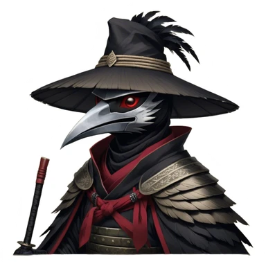 A fierce Kenku samurai with sleek black feathers, piercing crimson eyes glowing under the shadow of his straw hat. His sharp beak is partially covered by a black cloth mask, adding to his air of mystery. He wears layered black and crimson armor, intricate silver engravings etched into the metal plates. A long, tattered cloak billows behind him, worn from countless battles. His clawed hands grip the hilt of a curved katana, its polished blade reflecting the moonlight. Wisps of mist swirl around his taloned feet as he stands motionless sticker