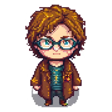 pixel art style Harry Potter character with glasses and lightning scar sticker
