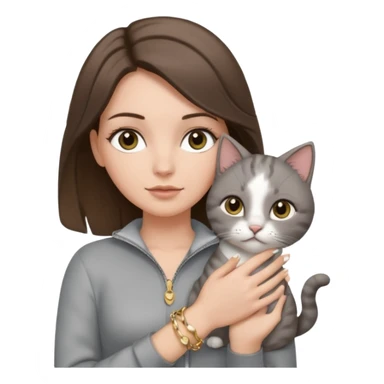 a white girl with brunette hair in brain that is over her shoulder. shes holding a grey cat. the girl has long lashes and has on a grey zip up that is half way zipped  and under a white shirt and gold jewelry that is gold bracelets. sticker