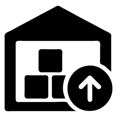 icon for "Supply Chain Experience", black and white, simple and clear, with a warehouse symbol sticker