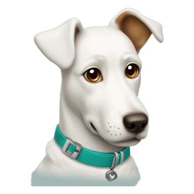 White dog with teal collar and brown spot around one eye  sticker