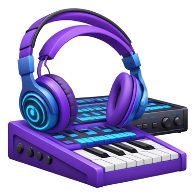 Create a creative and technical emoji that represents sound design. The design should feature a soundwave, a pair of studio headphones, and an audio synthesizer or soundboard to symbolize the manipulation and creation of unique soundscapes. Add subtle elements like audio cables, a mixing console, or a waveform to reflect the technical aspect of sound design. Use vibrant, futuristic colors like neon blue, purple, and green to represent innovation and creativity in sound. The background should be transparent. sticker