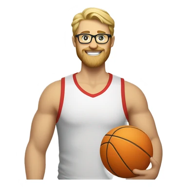 a blond guy with a beard, glasses, and a goofy grin, who has a thick face but isn't fat, holding a basketball in one hand and a volleyball in the other with a whistle around their neck. Should be wearing shorts and a t-shirt and red crocs. sticker