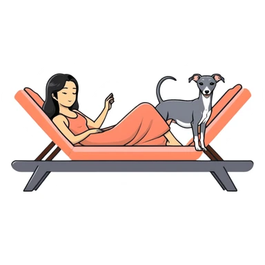 Very thin Chinese woman with long black hair relaxing on a spa lounger with exactly ONE Italian greyhound. CRITICAL REQUIREMENT: the dog must be ONE SOLID DARK CHARCOAL GREY COLOR from nose to tail with NO WHITE or LIGHT AREAS anywhere - NO white face, NO white muzzle, NO white chest, NO white paws, NO white tail tip - NOTHING BUT A SINGLE SHADE OF DARK GREY throughout the entire animal sticker