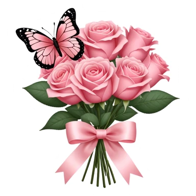 "A bouquet of Blush Red roses tied with a flowing Rose Quartz silk ribbon, exuding soft elegance. A delicate Carnation Pink butterfly rests gently on the petals, adding a whimsical touch." sticker