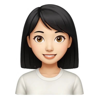 30 yr old asian woman center parted hair big eyes big smile tanned skin straight black hair hippie part hair white blouse shoulder length hair middle parted hair few short bangs at front trendy hair sticker