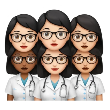 Genera un emogis de 4 enfermeras pelinegra juntas, entre ellas una con un lunar encima del labio y otra con lentes sticker