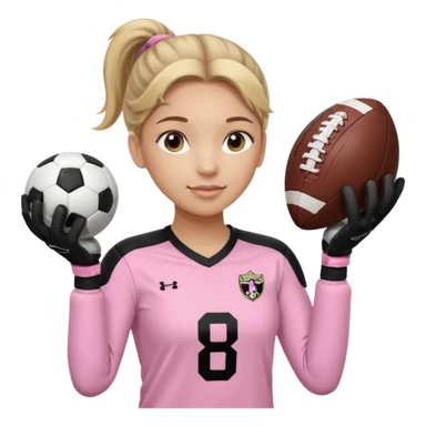 Make a dirty blonde football goalkeeper with goalkeeper gloves on holding a regular  The girl is light skinned and wearing a light pink football. Wearing a ponytail with the dirty blonde. Make it without the whole body. With full sleeves. WITHOUT A RUGBY BALL JUST REGULAR BLACK AND WHITE BALL sticker