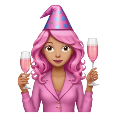 One lady with long pink curled hair and tan skin holding a glass of  pink champagne in each hand sticker