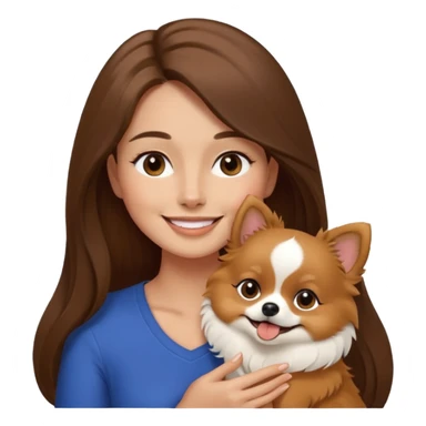 Create a high-quality emoji illustration of a woman with long brown hair, smiling, holding a small Pomeranian dog. The dog’s face is mostly black with a white line centered from the nose to the mouth. Minimalist emoji style, smooth lines, bright but natural colors.” sticker