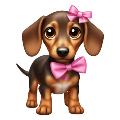 A mini dashund puppy with pink bows in its ear and big eyes and small legs  sticker