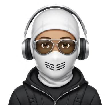 Futuristic special forces soldier wearing a white full-face balaclava, black wraparound sunglasses (only one pair of glasses), and a high-tech military headset with a microphone. Dressed in a dark hoodie. sticker