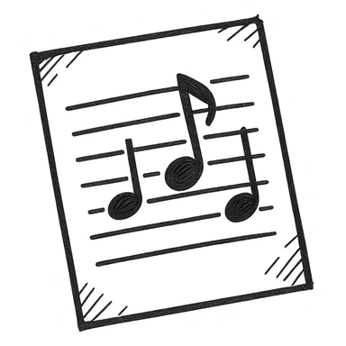 Sheet music icon, hand drawn, black outlines, no fill, simple and clean, angled view sticker