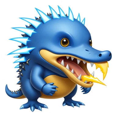 a fantastical dangerous and spooky electric platypus merged with a hedgehog with sharp teeth, metal electric spikes, and strong fangs, electricity and lightning coming, menacing look, yellow and blue lightning bolts sticker