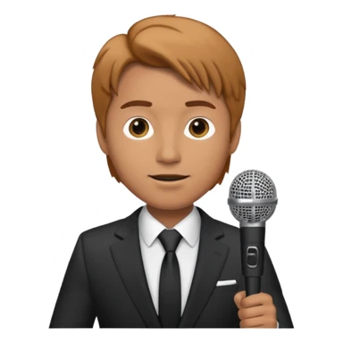 Man in suit with microphone with tan hair sticker