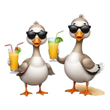 Two geese sunbathing on the beach wearing sunglasses drinking a tropical drink sticker
