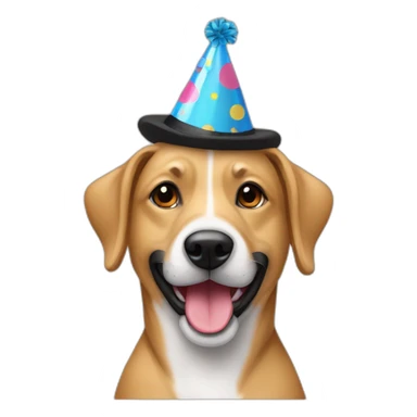 Tan mixed breed  dog with black muzzle wearing a birthday hat sticker
