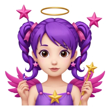 Create an emoji of a fairy-like woman with purple hair tied into two pigtails, red stars in her hair, wearing a pink outfit and pink wings. She is holding a pink star-shaped wand and wearing purple circular earrings. sticker