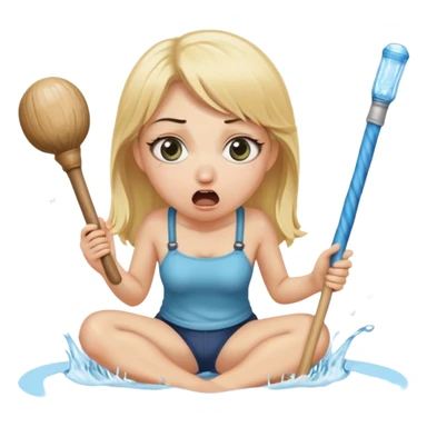 blond woman sitting on her knees with wide eyes, holding a wide skin-colored stick with a D-shaped knob, the stick and the nob have skin texture, water squirting from the knob into her mouth, shocked face, the knob is coming out of pants hanging next to her sticker