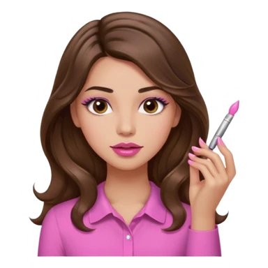 girl with long wavy brown hair, brown eyes, light to medium complexion, in a pink shirt, pink lips, long lashes, puckered lips,  painting long nails sticker