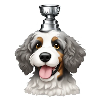 Phantom Merle bernedoodle with a Stanley cup  sticker
