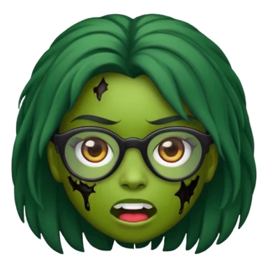 crie um emoji de zumbi feminino, com pele verde, óculos preto e cabelo longo preto sticker