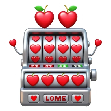 A 3D cartoon slot machine showing hearts and cherries, shiny metallic finish, Memoji-style realism. sticker