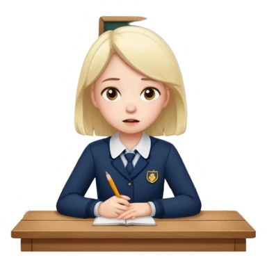 an anxious girl in school uniform sitting in front of a table  sticker