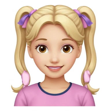 a cute woman is smiling, her hair is long, blonde and two ponytails, her eyes color are brown and the color of her lip is soft pink sticker