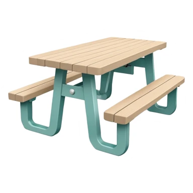 simple rectangular picnic table with attached benches, soft teal color, white end caps on table and benches, all legs straight, small wheels underneath, flat wood-style silhouette, muted teal tone, clean geometry, minimal shading sticker