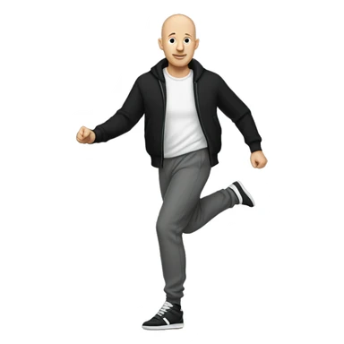 a bald white man, with a black sweater and gray jogging pants and dancing shoes sticker