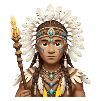 Tribal shaman silhouette with staff and feathers, spiritual aura, sacred geometry glow behind, powerful stance sticker