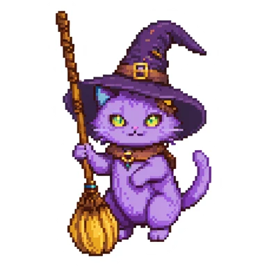 purple witch cat with a broom sticker