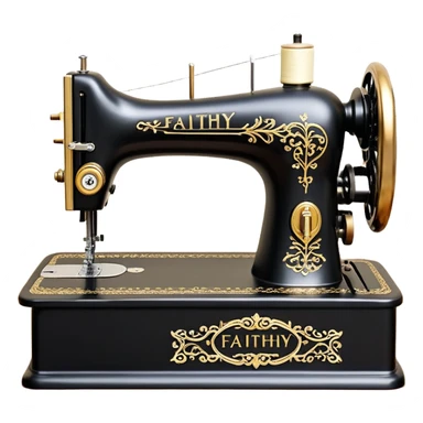 A stylish and elegant 3D logo design featuring a vintage sewing machine in a metallic black and gold finish. The sewing machine is detailed with realistic knobs, thread spools, and intricate parts, giving it a classic and luxurious feel. Engraved on the body of the sewing machine is the text "Faithy Stitches" in a sleek, elegant font. Below the machine, the brand name "Faithy Stitches" is prominently displayed in large, flowing cursive gold letters, with a tagline underneath that reads "STYLES IN ELEGANCE" in uppercase, modern serif font. The entire logo is set against a smooth, softly-lit background, giving it a professional, high-end appearance suitable for a fashion or tailoring brand. sticker