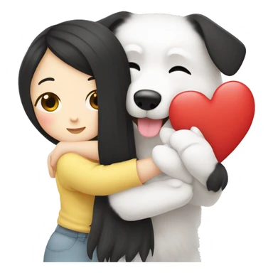 Japanese spitz dog hug black hair girl+heart sticker