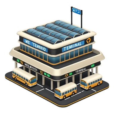 A 3D cartoon bus terminal with multiple buses parked, roofed structure, and directional signs, Memoji-style. sticker