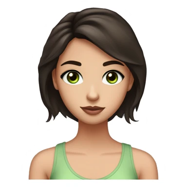 A teen girl with dark coffee brown hair, green doe eyes and big eyelashes. She is wearing a light pink tank top with a v neck like. She resembles Aria from pretty little liars  sticker