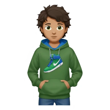 a 14 year old slightly tanned teenage boy with dark brown tousled wavy hair, dark brown eyes wearing a green tshirt, a dark green hoodie, blue jeans and green nike air jordans sticker